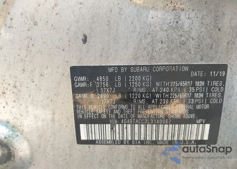 2020 Subaru Outback Premium z USA, uszkodzony, nr VIN 4S4BTACC3L3140067